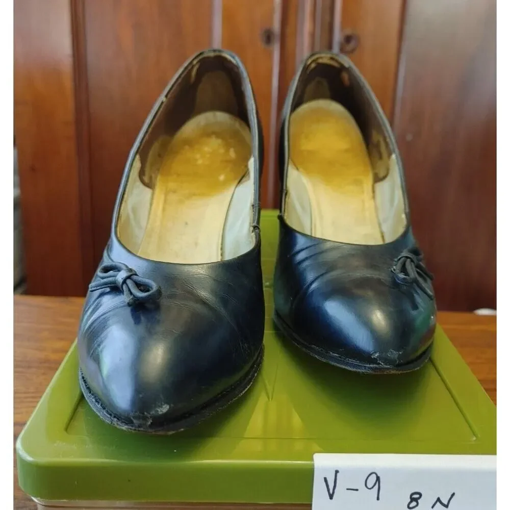 Luxe Retro Vintage Ladies Shoes Navy 8 N Bows Heels READ